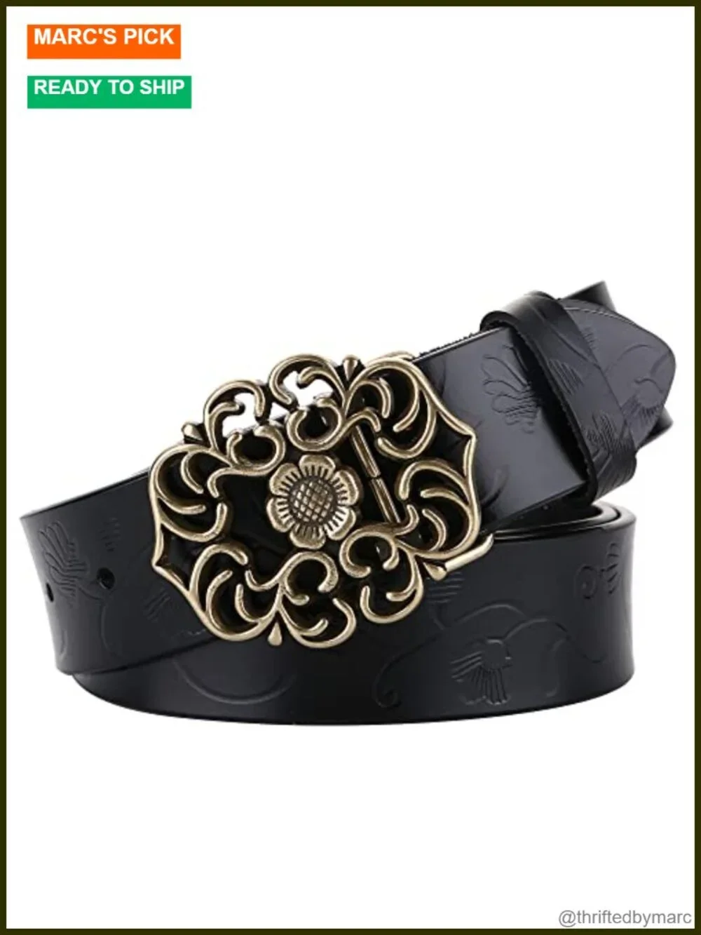 Vintage Genuine Leather Wide Waist Belt with Gold Flower Buckle